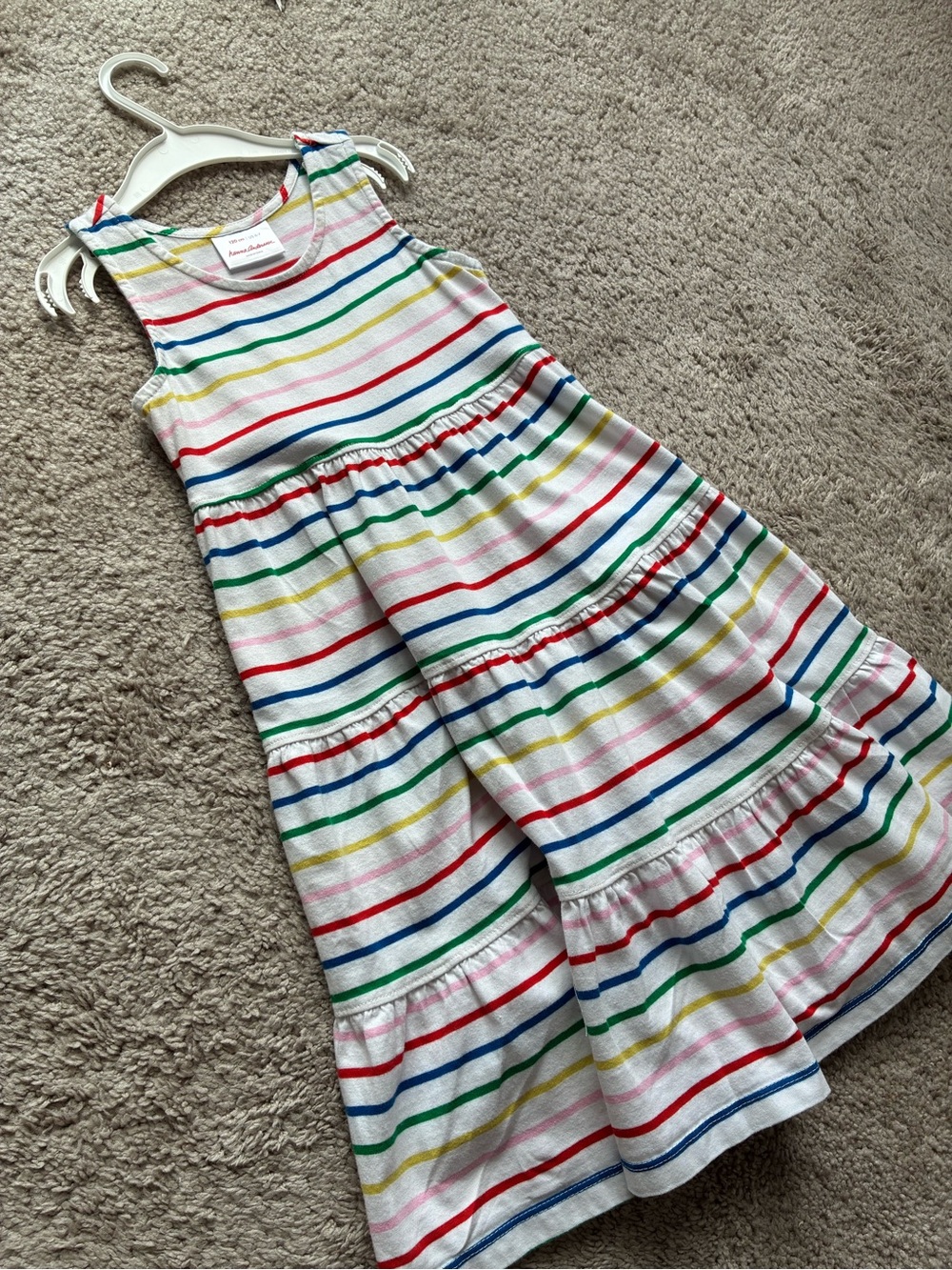 Hanna Andersson White Dress with Red, Blue, Green & Yellow Stripes